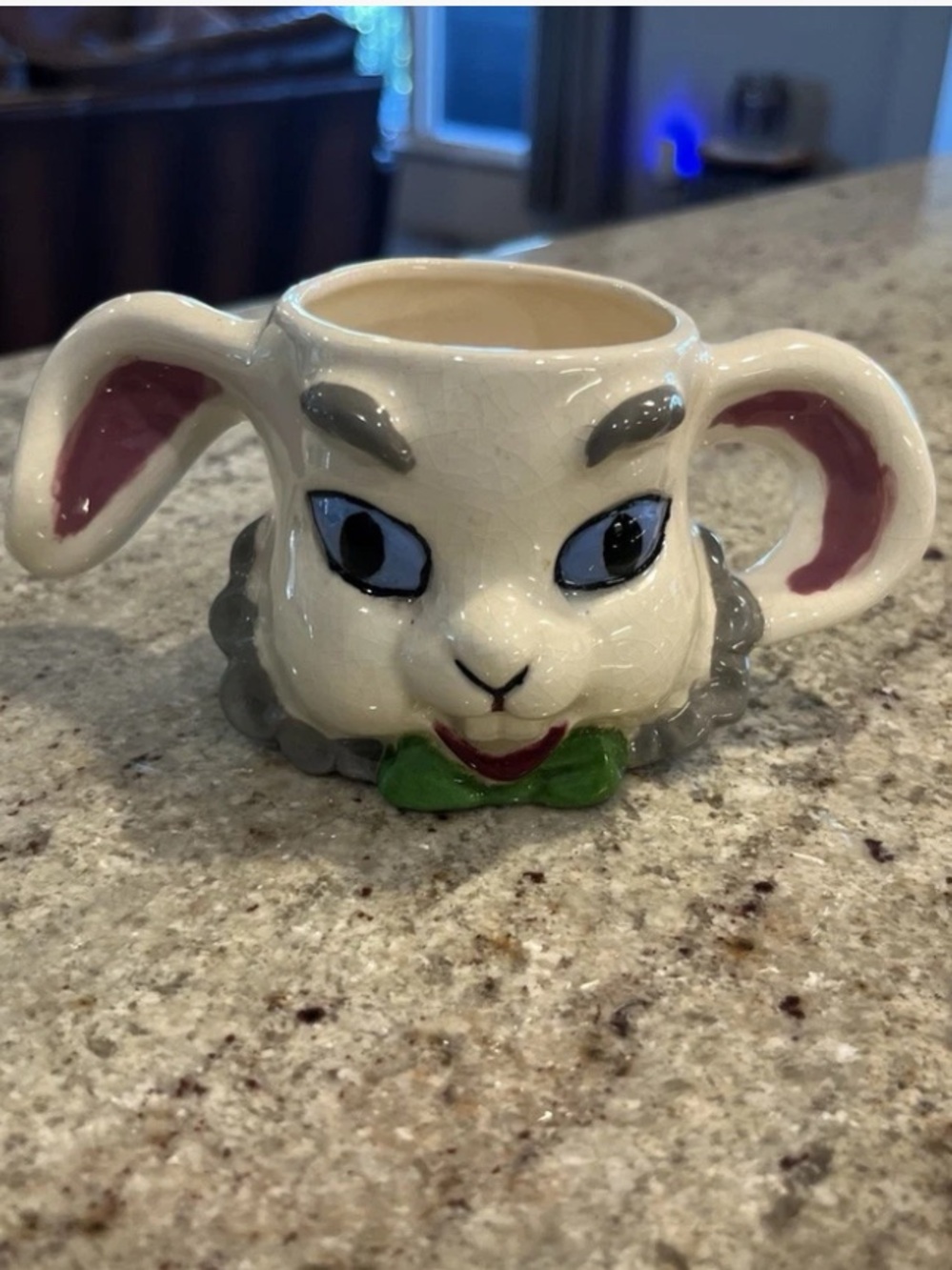 Vintage 1960s Ceramic Bunny Rabbit Mug with Floppy Ear Double Handles
